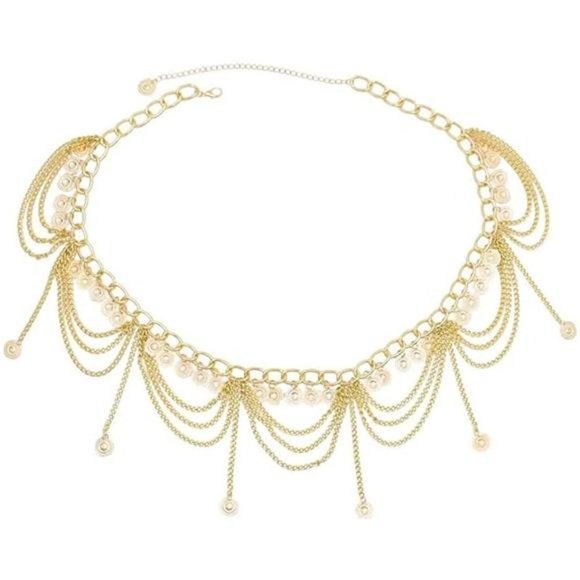 VINTAGE Waist Chain Hollow Carving Rhinestone Crystal Body A Coin Gold